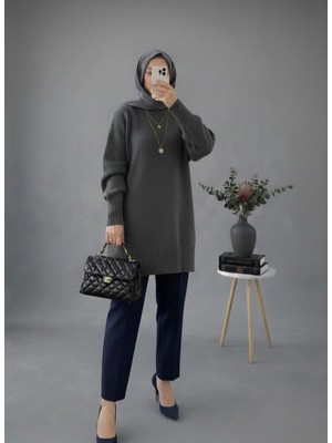 MetuCa Kadın Antrasit Bisiklet Yaka Oversize Triko Tunik Kazak