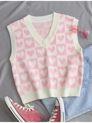 MetuCa Kadın Pembe Beyaz Dama ve Kalp Desenli V Yaka Triko Süveter