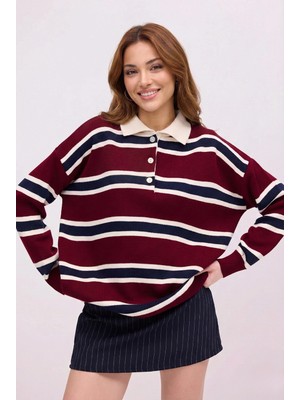 MetuCa Kadın Bordo Çizgili Polo Yaka Düğmeli Oversize Düşük Omuz Triko Kazak