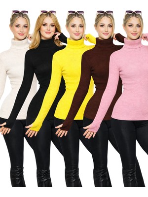 MetuCa 5'li Paket Siyah Ekru Kahve Sarı Pembe Parmak Geçmeli Balıkçı Yaka Kazak Seti