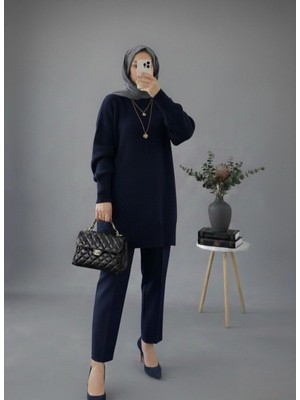 MetuCa Kadın Lacivert Bisiklet Yaka Oversize Triko Tunik Kazak