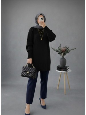 MetuCa Kadın Siyah Bisiklet Yaka Balon Kollu Oversize Rahat Kalıp Triko Tunik Kazak