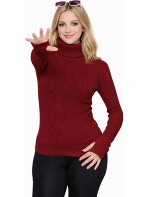 MetuCa Kadın Bordo Parmak Geçmeli Balıkçı Yaka Fitilli Uzun Kollu Triko Kazak