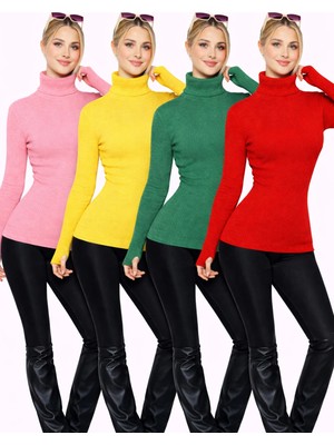 MetuCa 4'lü Paket Pembe Sarı Yeşil Kırmızı Parmak Geçmeli Balıkçı Yaka Triko Kazak Seti