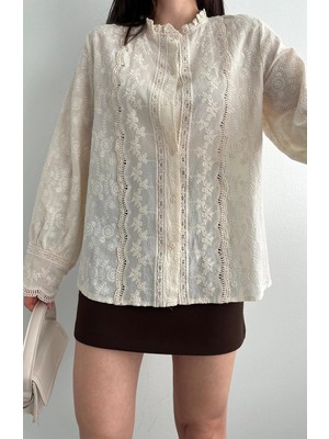 MetuCa Kadın Bej Fisto Işlemeli Dantel Garnili Hakim Yaka Pamuklu Pinterest Gömlek Bluz