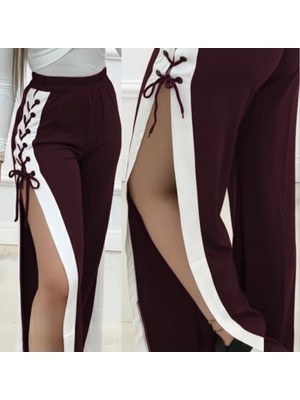 MetuCa Kadın Bordo Beyaz Şeritli Bağlamalı Yırtmaçlı Viskon Iki Iplik Pantolon