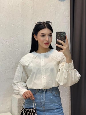 MetuCa Kadın Beyaz Geniş Dantel Yakalı Balon Kol Düğmeli Oversize Keten Pinterest Gömlek