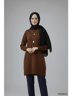 MetuCa Kadın Kahverengi Bisiklet Yaka Oversize Triko Tunik Kazak