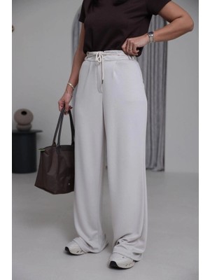 MetuCa Kadın Ekru Yüksek Bel Bağlamalı Bol Paça Dökümlü Yumuşak Modal Kumaş Pantolon