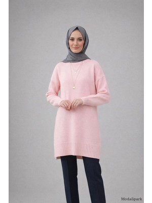 MetuCa Kadın Pembe Bisiklet Yaka Oversize Triko Tunik Kazak