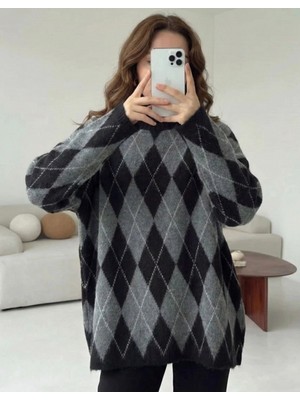 MetuCa Kadın Siyah Gri Baklava Desenli Bisiklet Yaka Oversize Yumuşak Dokulu Triko Kazak