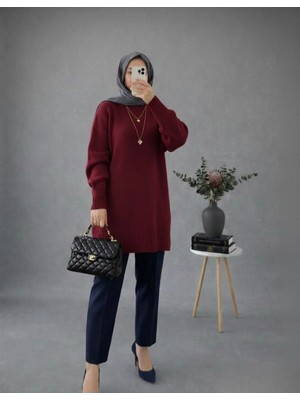 MetuCa Kadın Bordo Bisiklet Yaka Oversize Triko Tunik Kazak