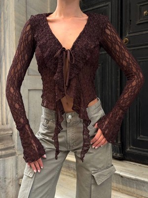 MetuCa Kadın Kahverengi V Yaka Önü Bağcıklı Fırfırlı Transparan Dantel Crop Bluz Hırka