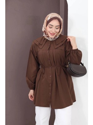 MetuCa Kadın Kahverengi Geniş Çift Yakalı Pileli Kuşaklı Dokuma Kumaş Uzun Tunik Gömlek