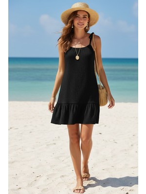 Zenvia Kadın Siyah Askılı Bol Kesim Fırfırlı Plaj Elbisesi ZNV-IMD34