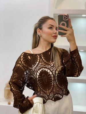 MetuCa Kadın Acı Kahve Crochet Örgü Desenli Ajurlu Transparan Dantel Triko Pinterest Bluz
