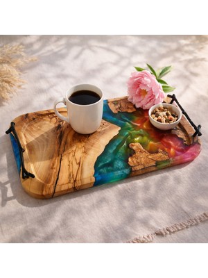 Lesawood Epoksi ve Zeytin Ağacı Doğal Kenarlı Sunum Tepsisi, Özel Tasarım Dekoratif Sunumluk - 45X25CM