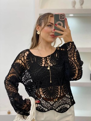 MetuCa Kadın Siyah Crochet Örgü Desenli Ajurlu Transparan Dantel Triko Pinterest Bluz