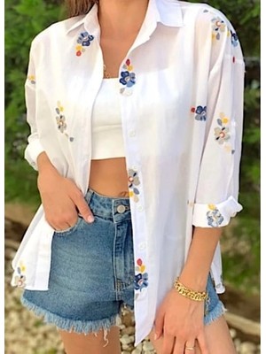 MetuCa Kadın Beyaz Renkli Çiçek Nakışlı Oversize Pamuk Keten Gömlek