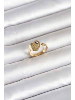 Pileli Store 316L Çelik Gold Renk Nazar Detaylı Kalp Model Kadın Yüzük - TJ-BYK4167