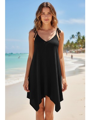 Zenvia Kadın Siyah Asimetrik Kesim V Yaka Plaj Elbisesi ZNV-IMD34