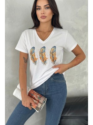 MetuCa Kadın Beyaz V Yaka Üçlü Tüy Desenli ve Parıltı Detaylı Pamuklu Tişört