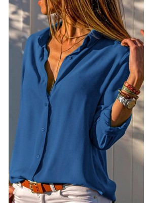 MetuCa Kadın Mavi Düz Renk Dokuma Pamuklu Viskon Kumaş Uzun Kollu Basic Gömlek