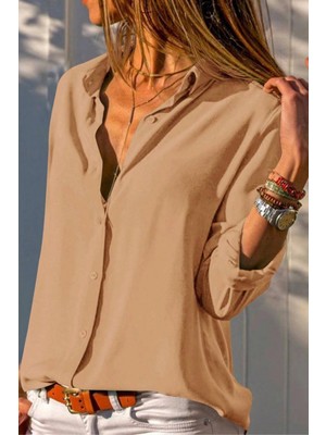 MetuCa Kadın Bej Düz Renk Dokuma Pamuklu Viskon Kumaş Uzun Kollu Basic Gömlek