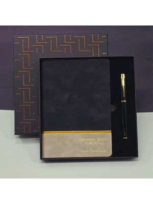 Öğretmenler Günü Özel Siyah Deri Defter ve Metal Roller Kalem Hediye Seti Midastech