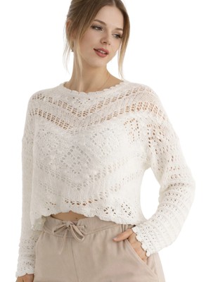 MetuCa Kadın Beyaz Ajurlu Kroşe Örgü Bisiklet Yaka Uzun Kollu Bohem Bluz Kazak