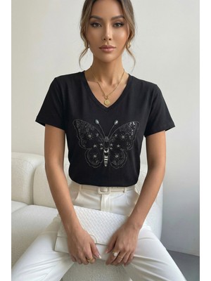 MetuCa Kadın Siyah V Yaka Kelebek Boncuk ve Payet Işlemeli Pamuklu Tişört