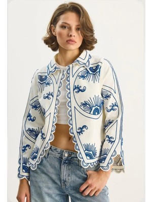 MetuCa Kadın Ekru Saks Mavi Göz Nakışlı Lazer Kesim Fisto Kenarlı Keten Ceket