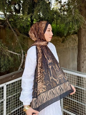 MetuCa Kadın Kahverengi Karışık Yılan Desenli  Pamuklu Bambu Şal