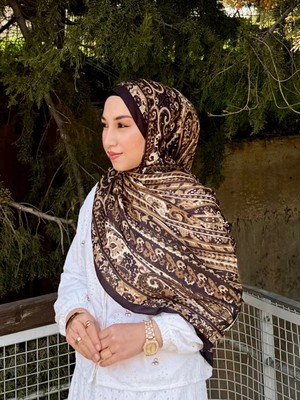 MetuCa Kadın Koyu Kahve Etnik Desenli Yumuşak Dokulu Pamuklu Soft Şal