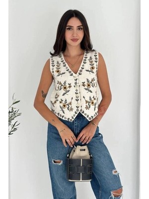 MetuCa Kadın Krem Renkli Çiçek Nakış Işlemeli V Yaka Düğmeli Keten Yelek