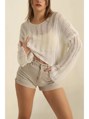 MetuCa Kadın Ekru Ajurlu Pamuklu Püsküllü Salaş Örme Triko Bluz