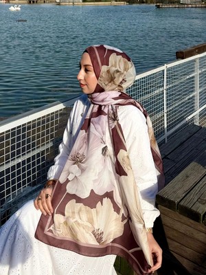 MetuCa Kadın Kahve Krem Çiçek Desenli Yumuşak Dokulu Pamuklu Bambu Şal