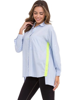 MetuCa Kadın Mavi Çizgili Neon Detaylı Katlanabilir Kollu Oversize Keten Gömlek