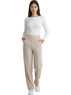 MetuCa Kadın Bej Yüksek Bel Çimalı Dökümlü Krep Pantolon Esnek Geniş Paça