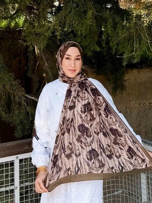 MetuCa Kadın Koyu Kahve Floral Desenli Yumuşak Dokulu Pamuklu Bambu Şal