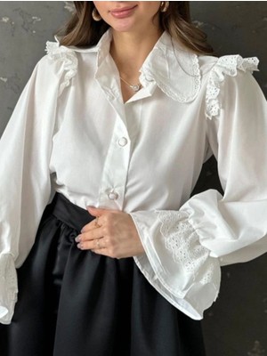 MetuCa Kadın Beyaz Fisto Detaylı Geniş Yakalı Balon Kol Pamuk Keten Gömlek Bluz