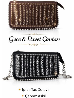 Kadın Gece & Davet Çantası Siyah – Taş Detaylı, Zincir Askılı, Şık Clutch Çanta