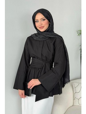 MetuCa Kadın Siyah Oversize Geniş Kollu Tek Cepli Uzun Keten Gömlek Tunik