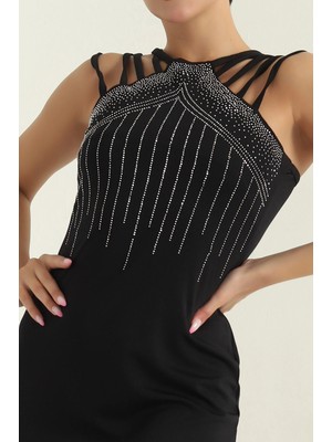 MetuCa Kadın Siyah Taş Işlemeli Çoklu Askılı Yırtmaçlı Scuba Uzun Abiye Elbise