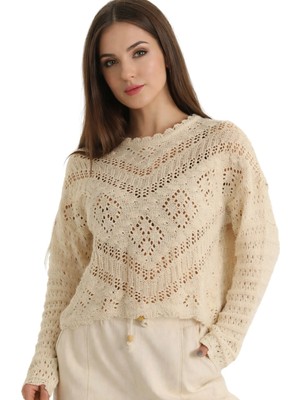 MetuCa Kadın Bej Ajurlu Kroşe Örgü Bisiklet Yaka Uzun Kollu Bohem Bluz Kazak