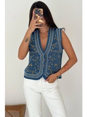 MetuCa Kadın Mavi Etnik Nakışlı Bohem Jean Yelek Pinterest Tarzı Kot Yelek
