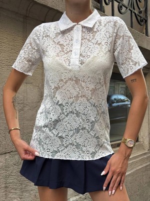 MetuCa Kadın Beyaz Transparan Dantel Polo Yaka Kısa Kollu Bluz