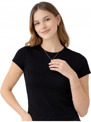 MetuCa Kadın Siyah Pamuklu Kumaş Kısa Kollu Bisiklet Yaka Basic Body Tişört