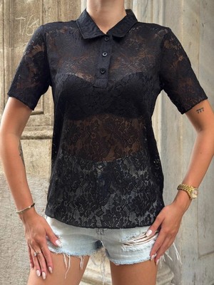 MetuCa Kadın Siyah Transparan Dantel Polo Yaka Kısa Kollu Bluz