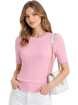 MetuCa Kadın Pudra Pembe Bisiklet Yaka Saç Örgü Desenli Kısa Kollu Triko Bluz